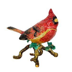 Jeweled Cardinal Bird Trinket Box Figurine Enamel Red Green Gold